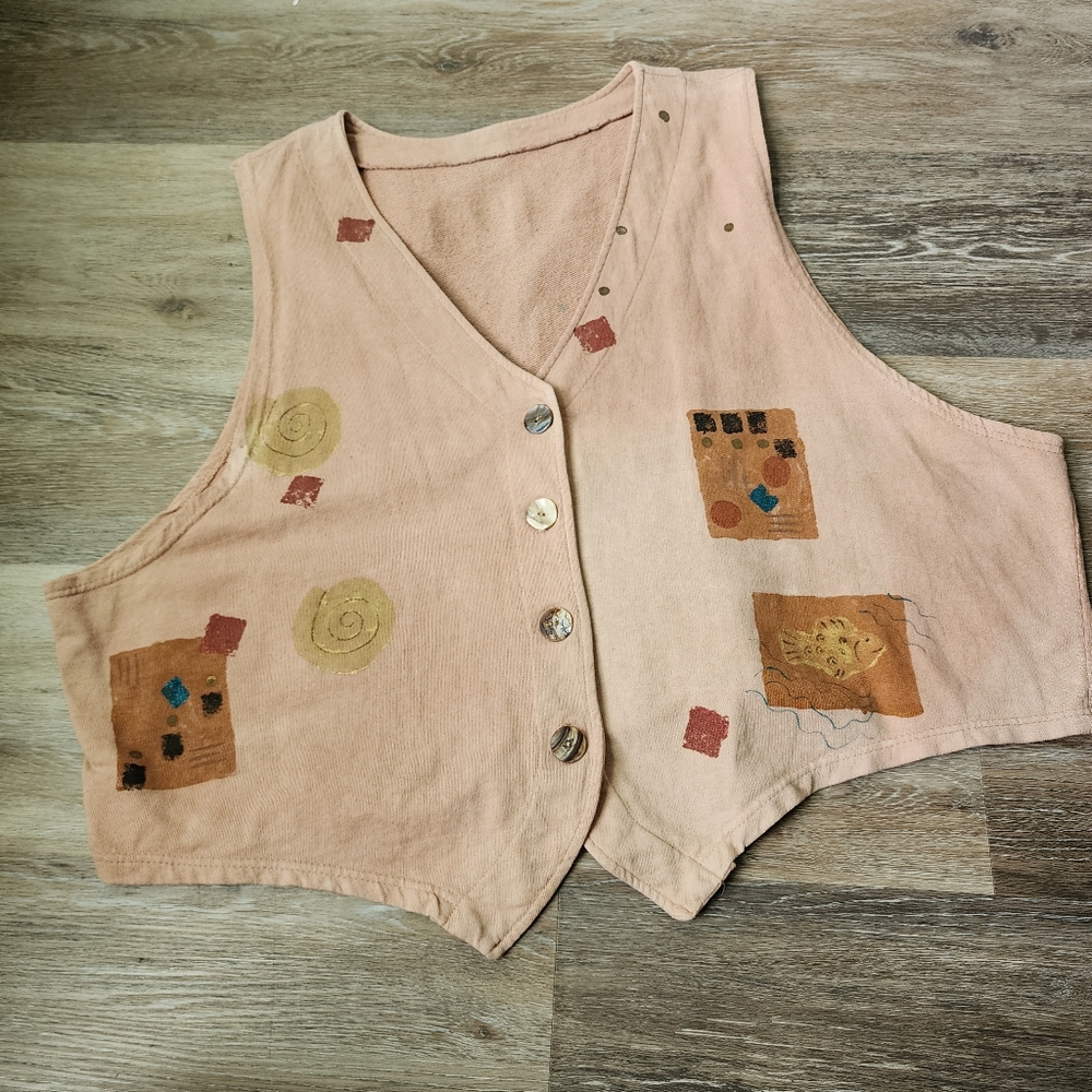 Vintage Fold Vest Mauve Patchwork Painted Plus Size